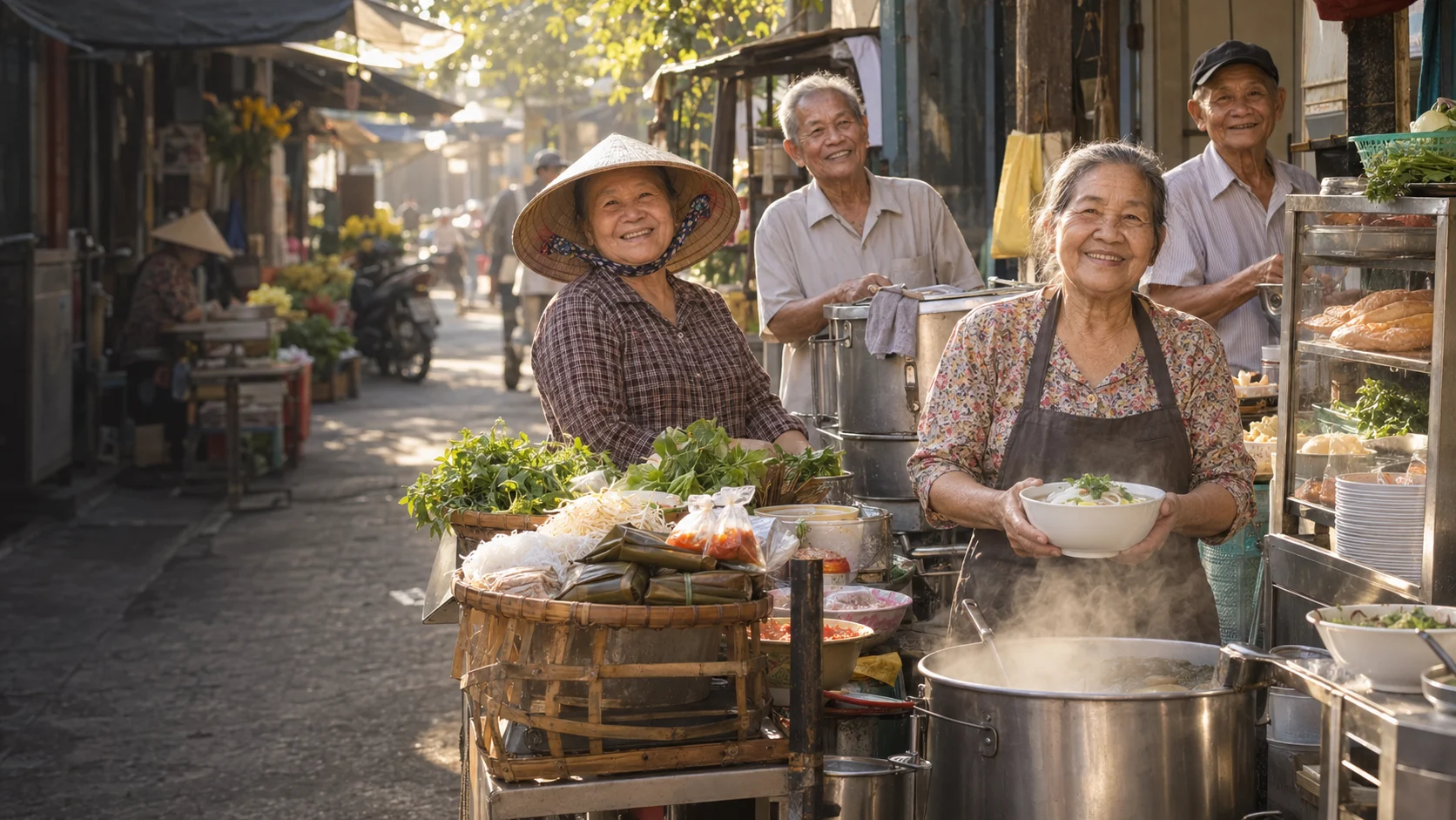 Minh họa các cô chú lớn tuổi bên hàng quán nhỏ ở Sài Gòn